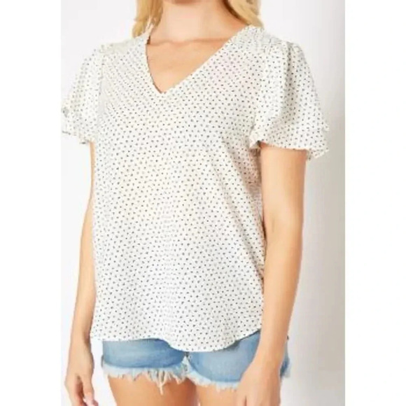 PLEIONE V-Neck Double Ruffle With Smocking Shoulder Top - Picture 2 of 5